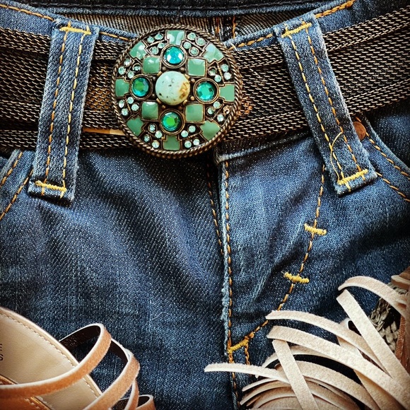 Vintage Metallic Mesh Belt W Aqua Jeweled Buckle. main image 5